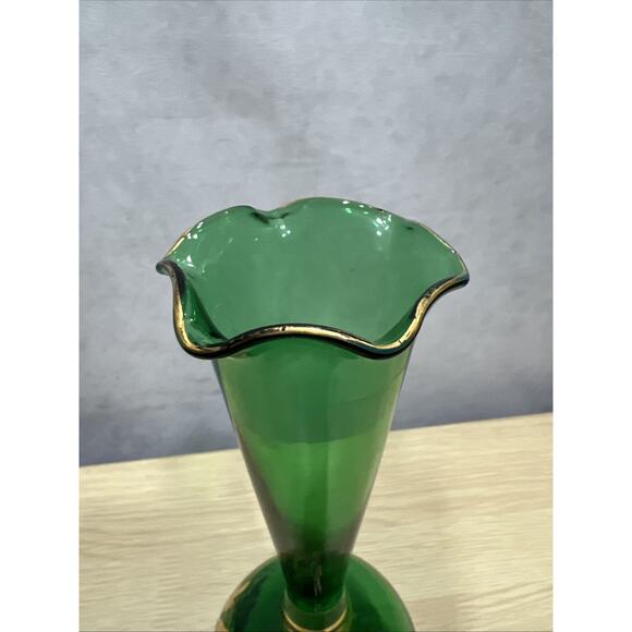 Bohemian Czech Glass Bud Vase Green Gold Trim Hand Painted Raised flowers 8" - Picture 4 of 8